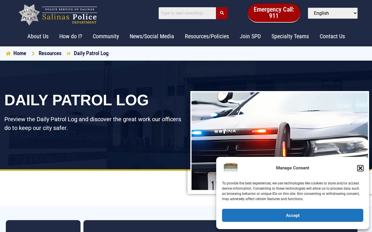 Salinas Police Department Daily Patrol Log page